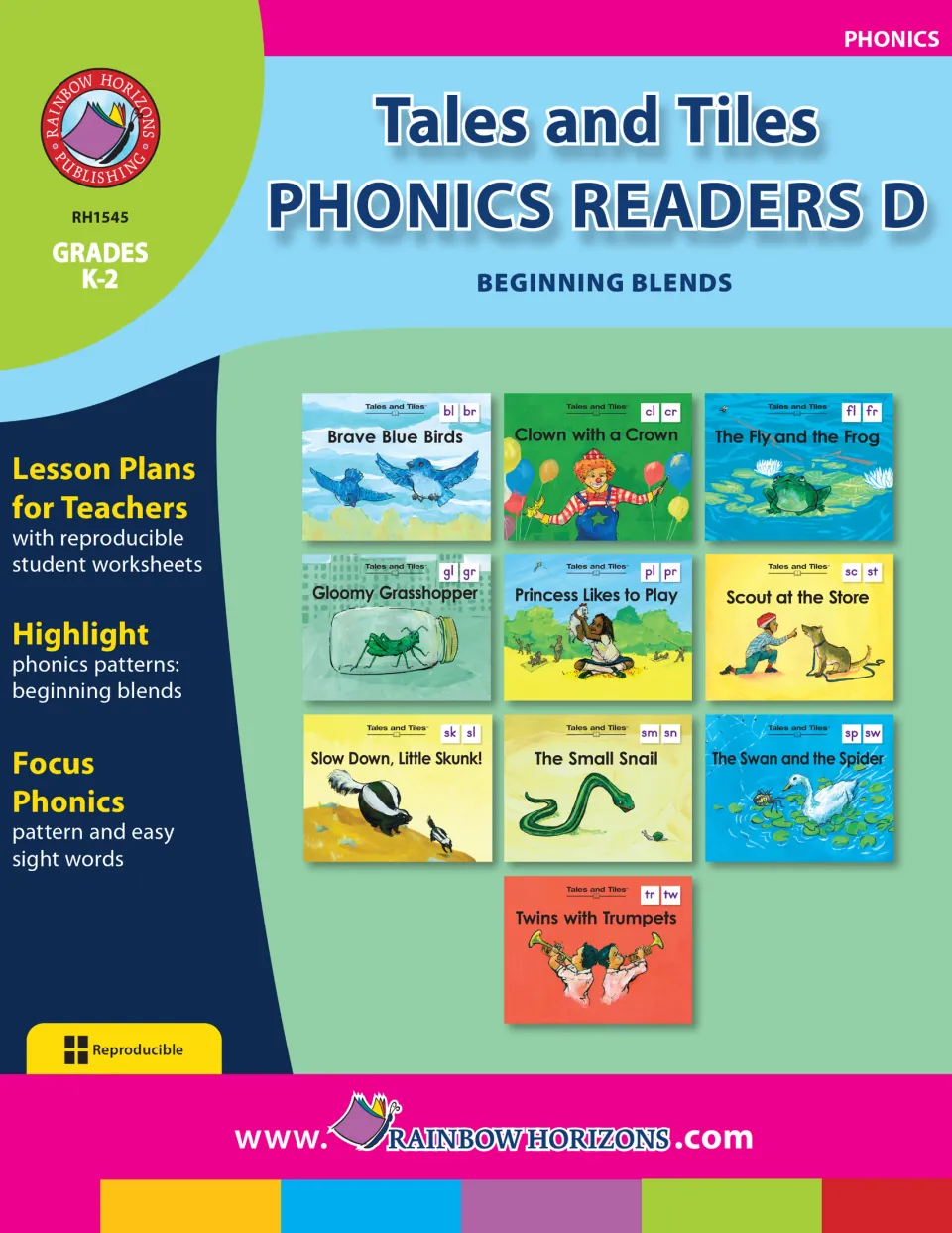 Cover of the beginning blends reader set, showing ten story covers and teaching features for grades K–2