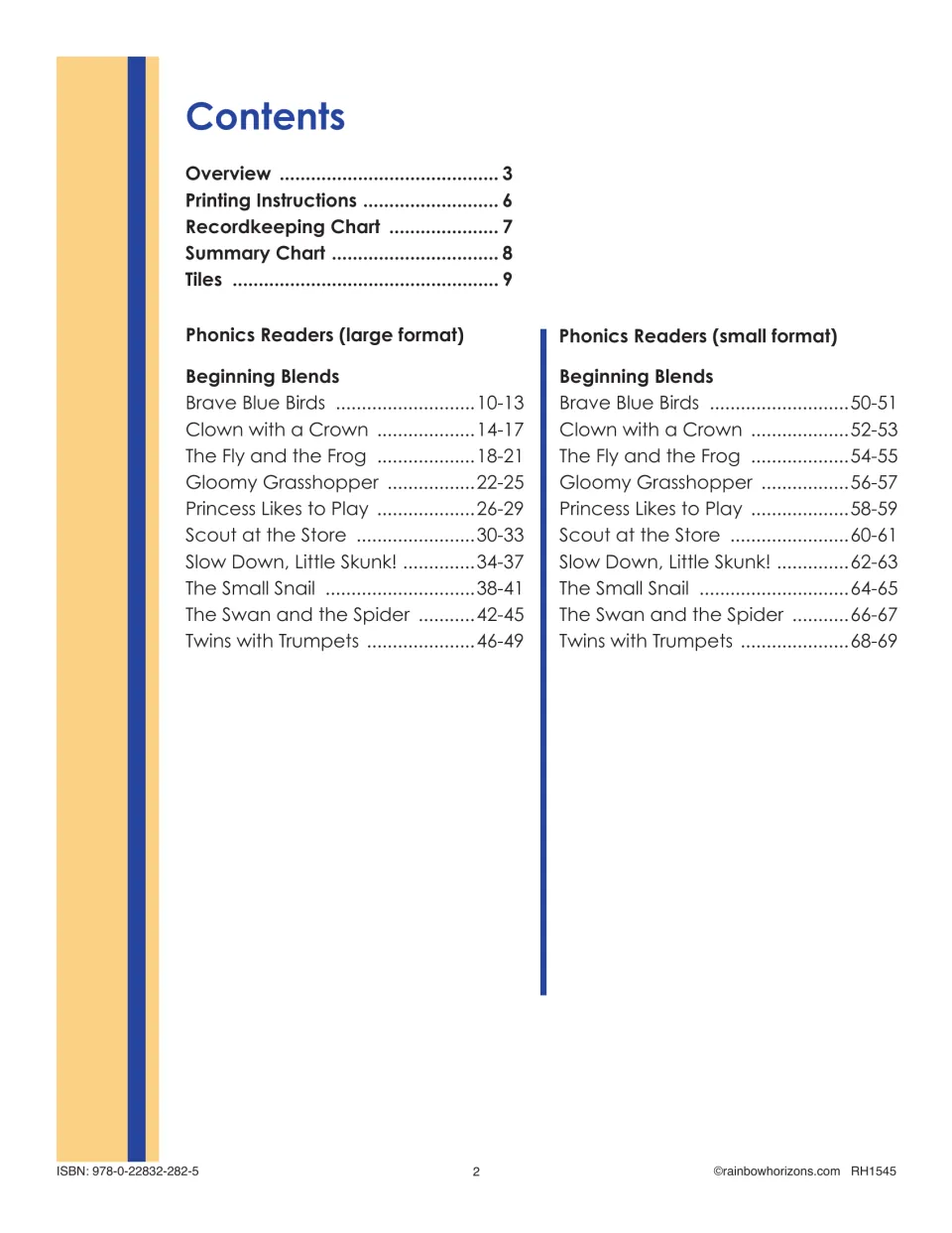 Contents for the reader set, listing teacher materials and ten beginning blends stories in two print sizes