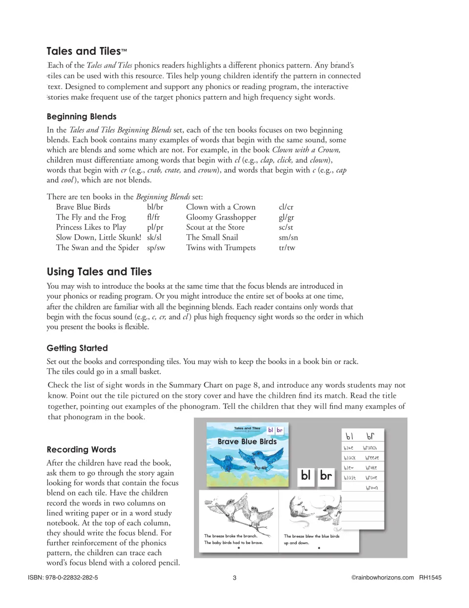 Teacher overview lists ten readers and their blend pairs, with directions for finding and recording words