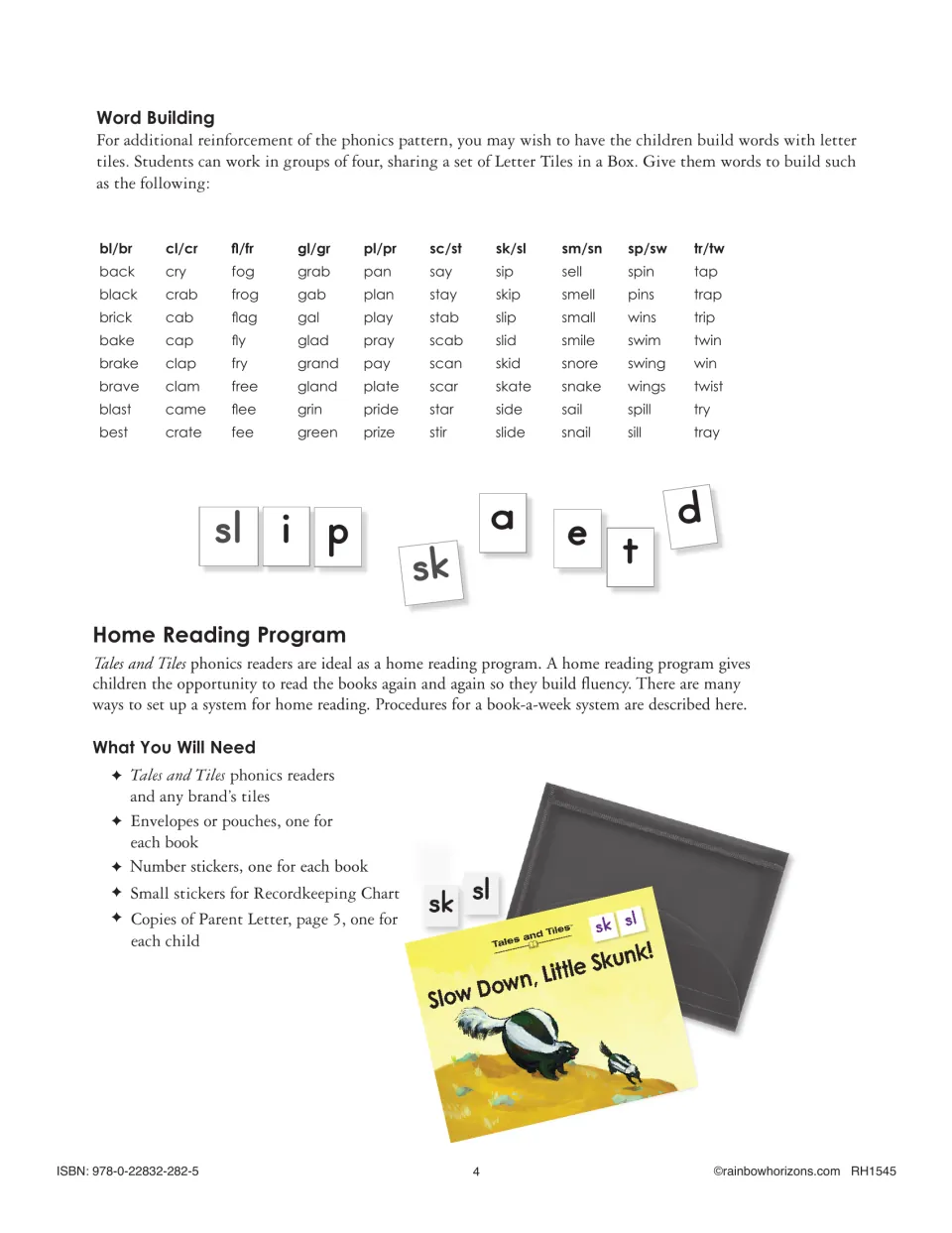 Teacher guide provides word-building lists for ten blend pairs and supplies for a home reading program