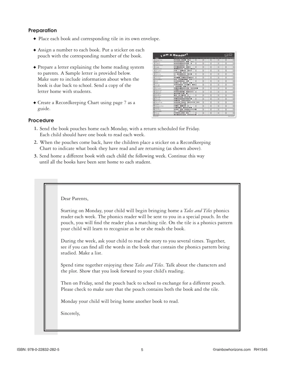 Home reading guide explains weekly book exchanges and includes a parent letter about rereading and blends