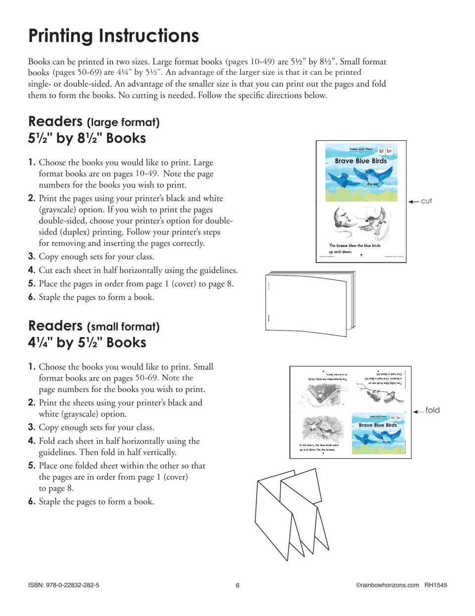 Printing guide explains how to cut, fold, order, and staple the eight-page readers in large and small sizes