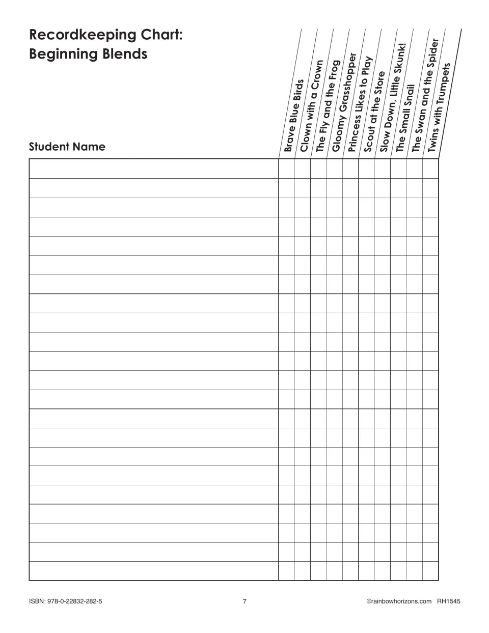 Beginning blends recordkeeping chart tracks student reading across all ten titles, from birds to twins
