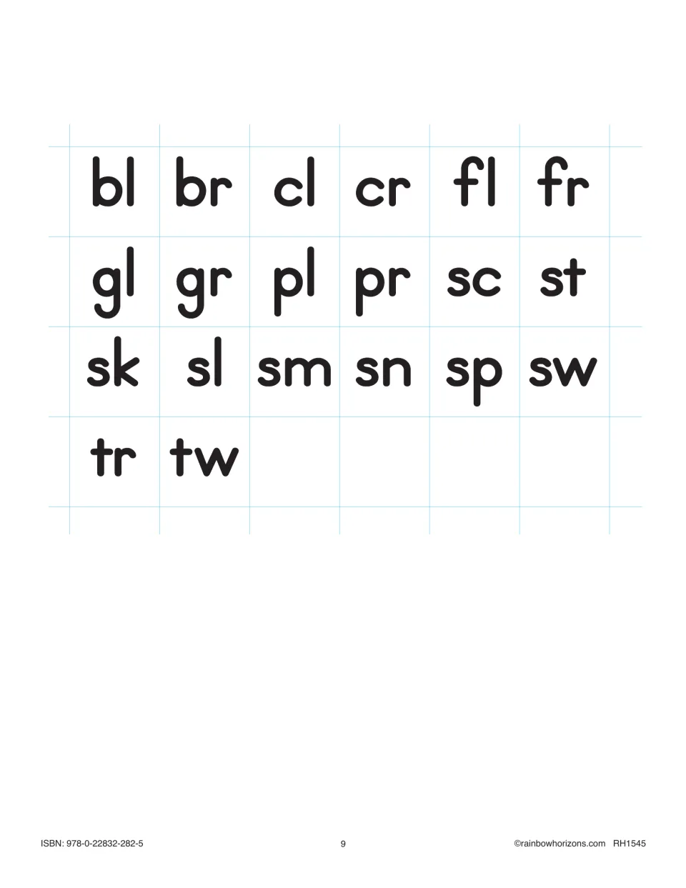 Twenty printable beginning blend tiles for matching to the readers, including bl, br, cl, cr, fl, and fr