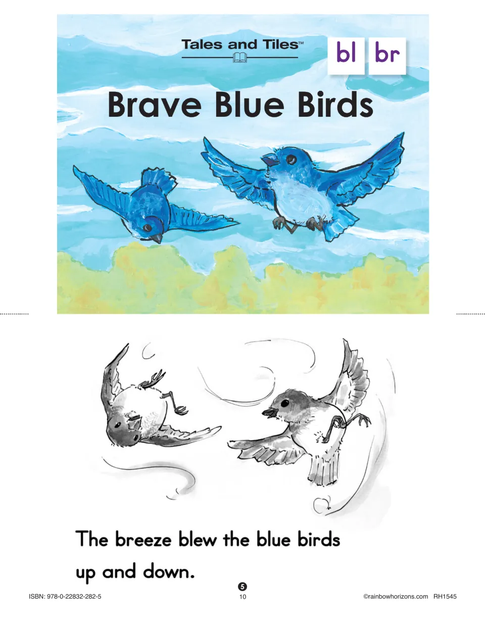 Brave Blue Birds cover and story page 5: “The breeze blew the blue birds up and down,” with bl and br tiles