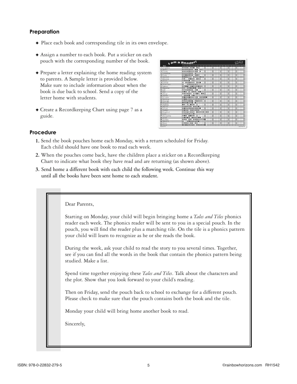 Home reading guide gives book pouch preparation steps, a weekly exchange procedure, and a sample parent letter