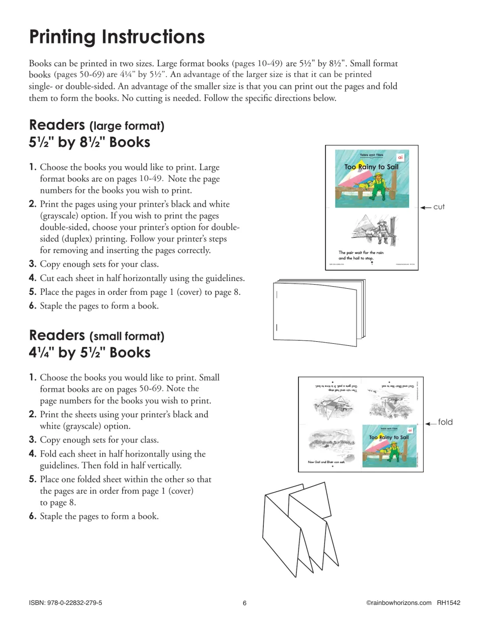 Printing instructions explain cutting large readers or folding small readers, then ordering and stapling pages