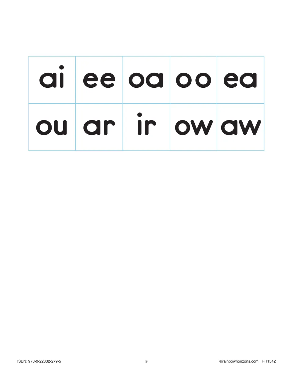 Ten printable phonics tiles for matching the readers' focus patterns: ai, ee, oa, oo, ea, ou, ar, ir, ow, aw