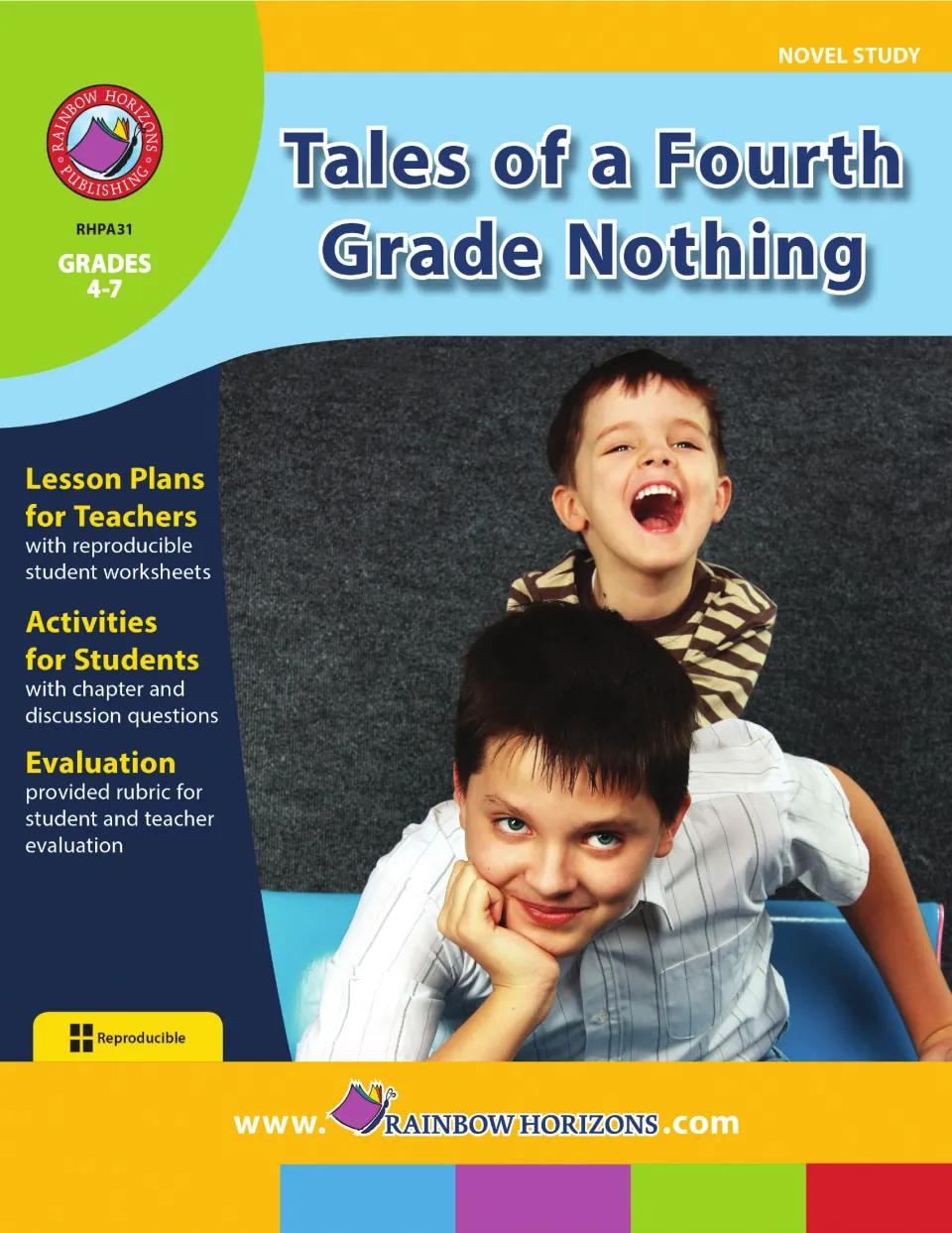 Tales of a Fourth Grade Nothing novel study cover listing lesson plans, chapter questions and an evaluation rubric