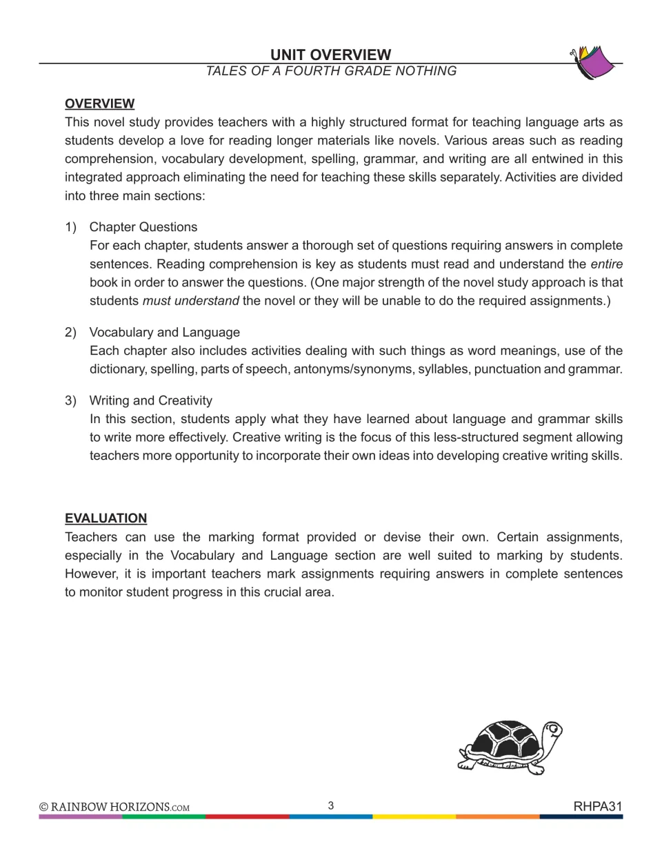 Unit overview for teachers explaining the three sections: chapter questions, vocabulary and language, writing and creativity