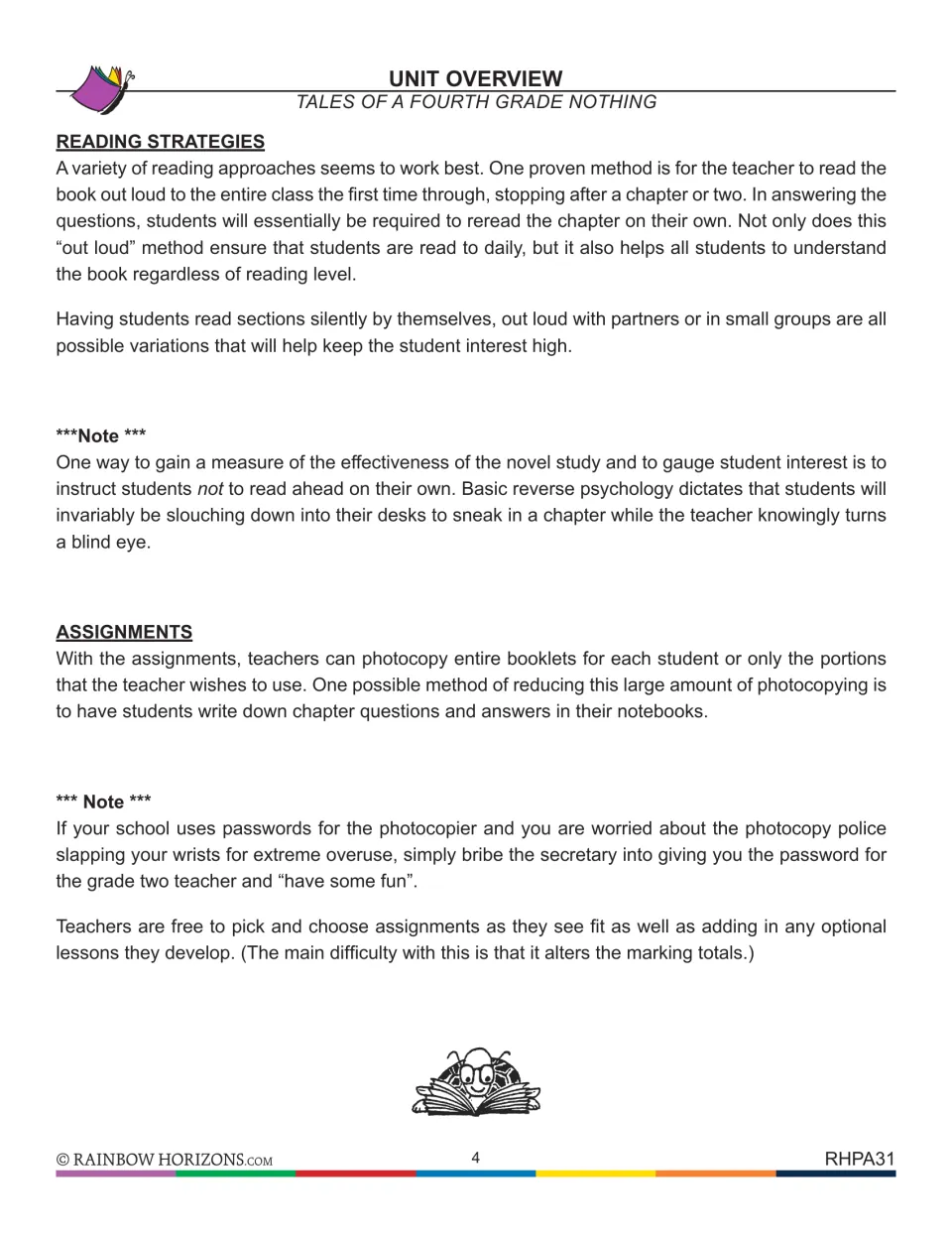 Teacher notes on reading strategies such as reading aloud or with partners, plus tips on copying and choosing assignments