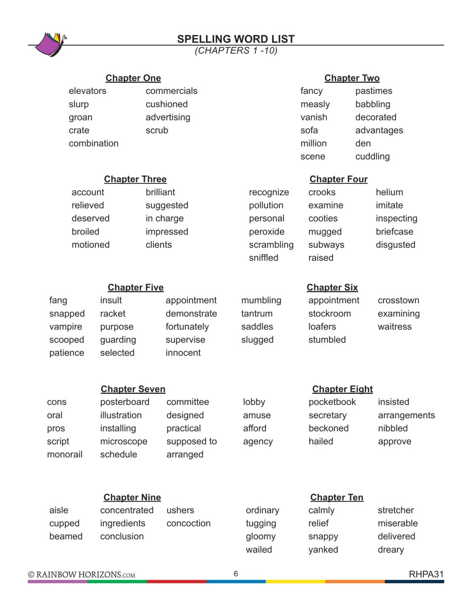 Spelling word list for chapters 1 to 10, from elevators and slurp in chapter one to stretcher and dreary in chapter ten
