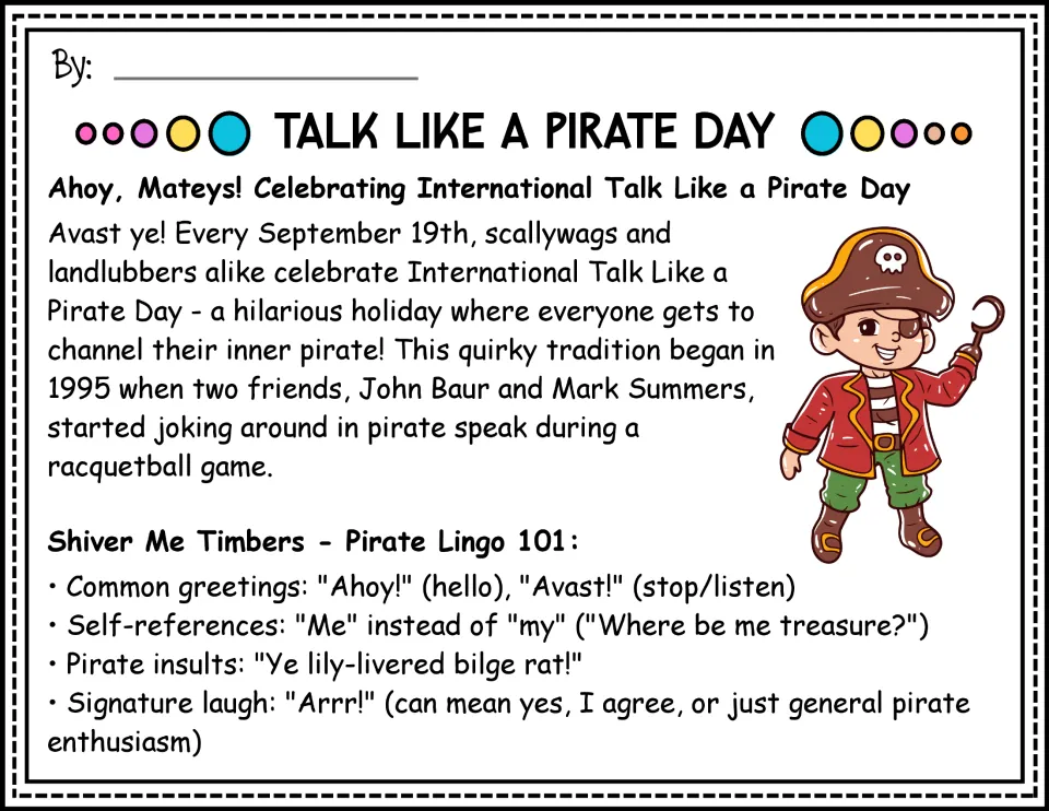 Reading passage opening, color version: September 19 holiday origins and pirate greetings such as 'Ahoy!'