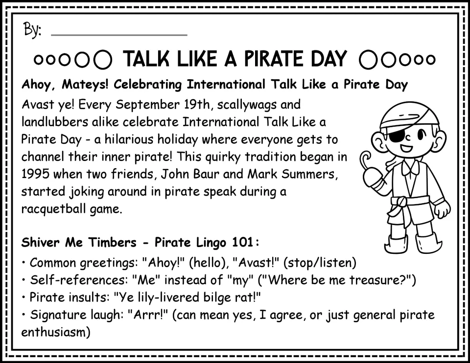 Reading passage opening, black-and-white version: holiday origins and pirate expressions including 'Avast!'
