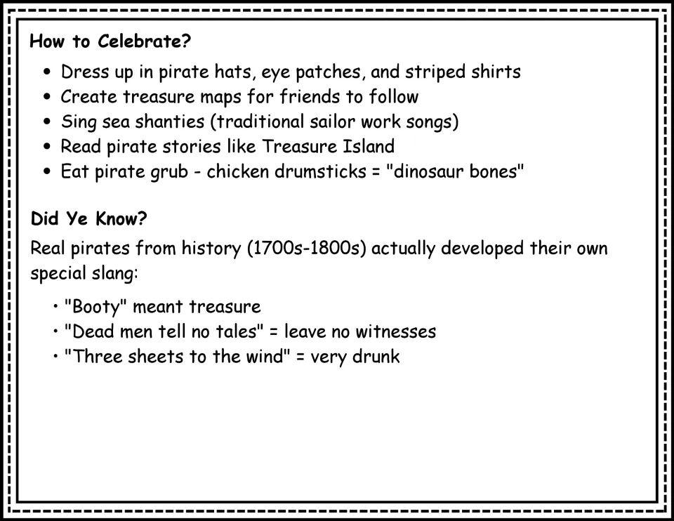 Reading passage continuation: pirate celebration ideas and slang meanings, including 'booty' as treasure