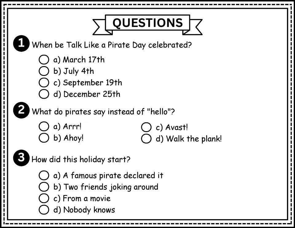 Comprehension questions 1–3 ask about the holiday's date, the pirate word for hello, and how it started