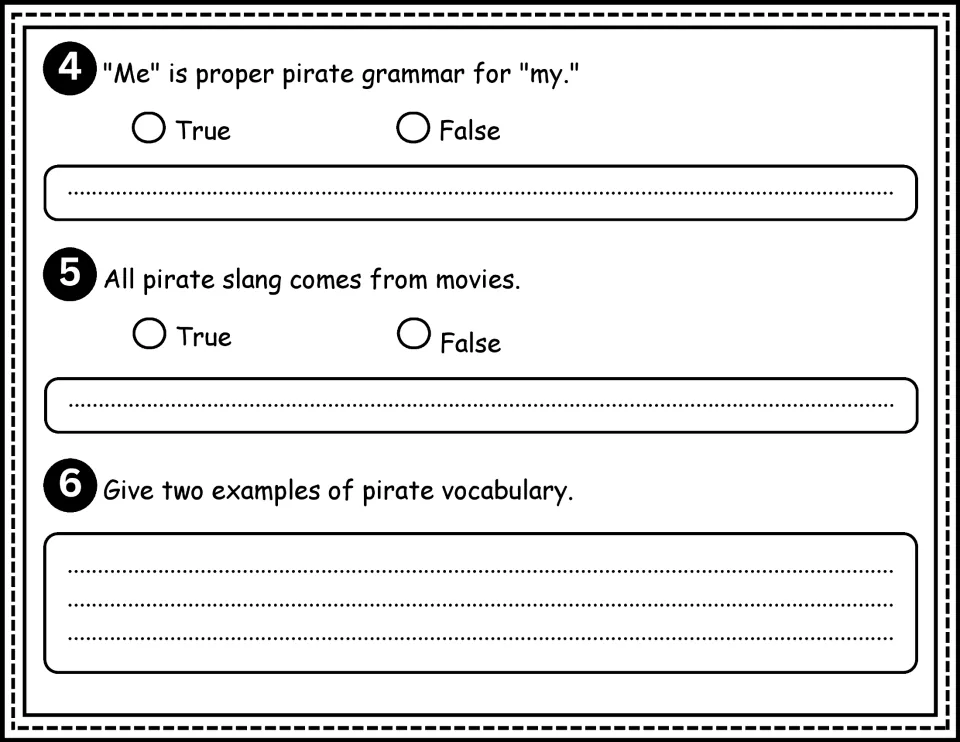 Comprehension questions 4–6 cover 'me' for 'my,' pirate slang origins, and two pirate vocabulary examples