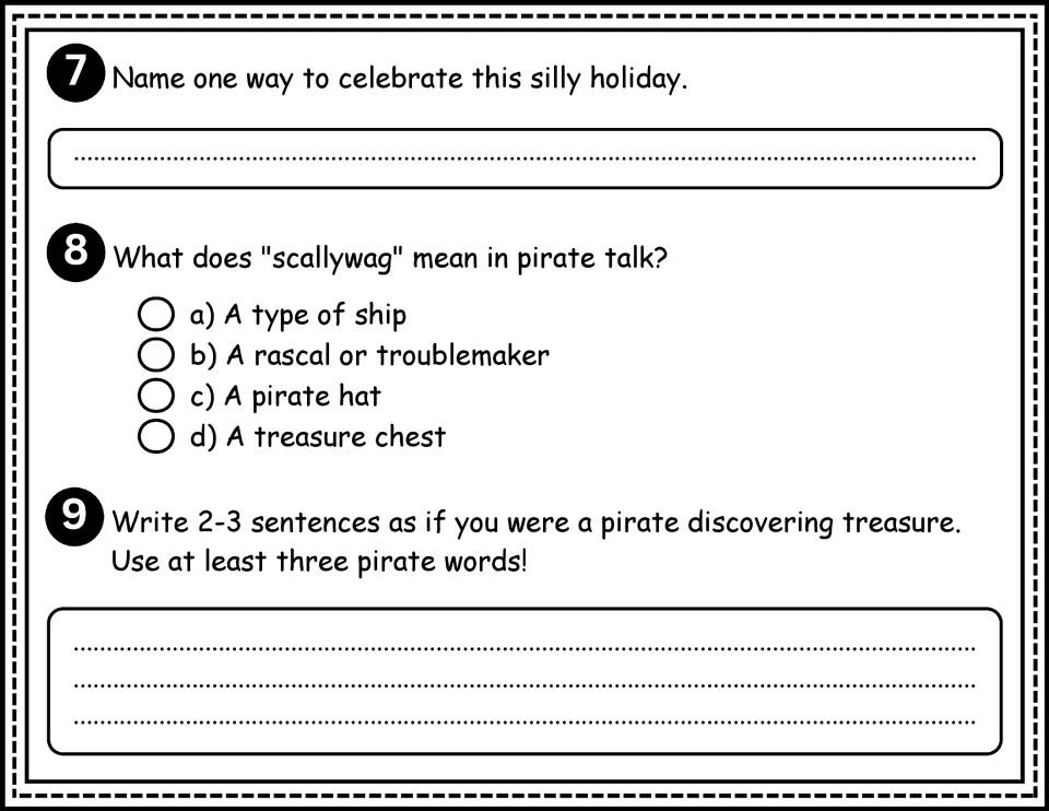 Questions 7–9 ask for a celebration idea, the meaning of 'scallywag,' and a pirate treasure discovery story