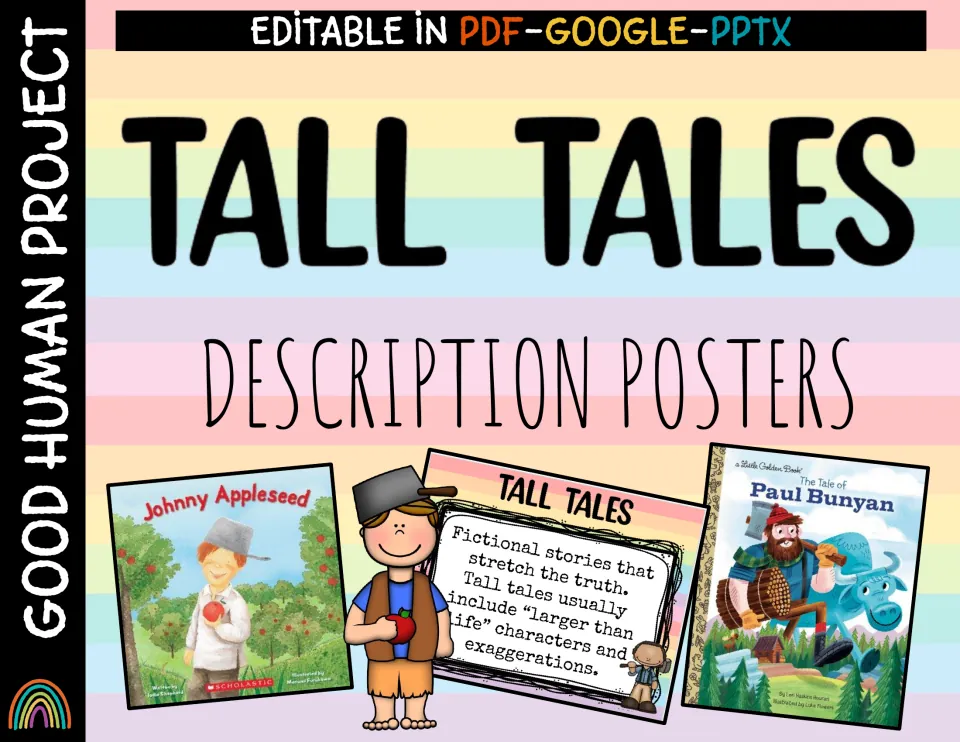 Tall Tales description posters cover, editable in PDF, Google and PPTX, showing Johnny Appleseed and Paul Bunyan books