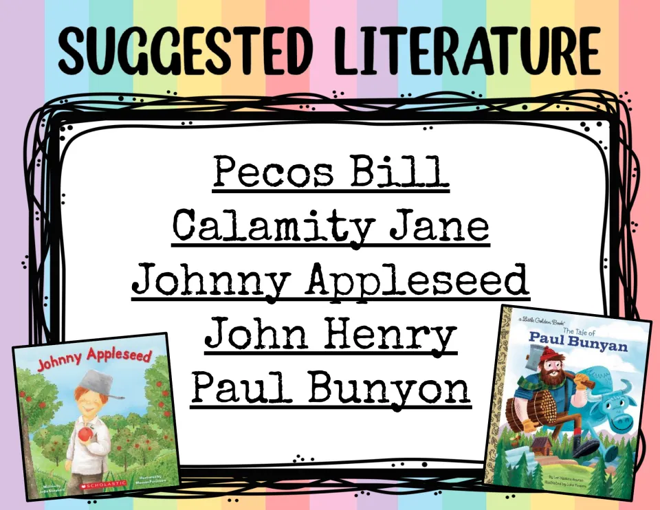Suggested literature poster listing Pecos Bill, Calamity Jane, Johnny Appleseed, John Henry and Paul Bunyon tall tales