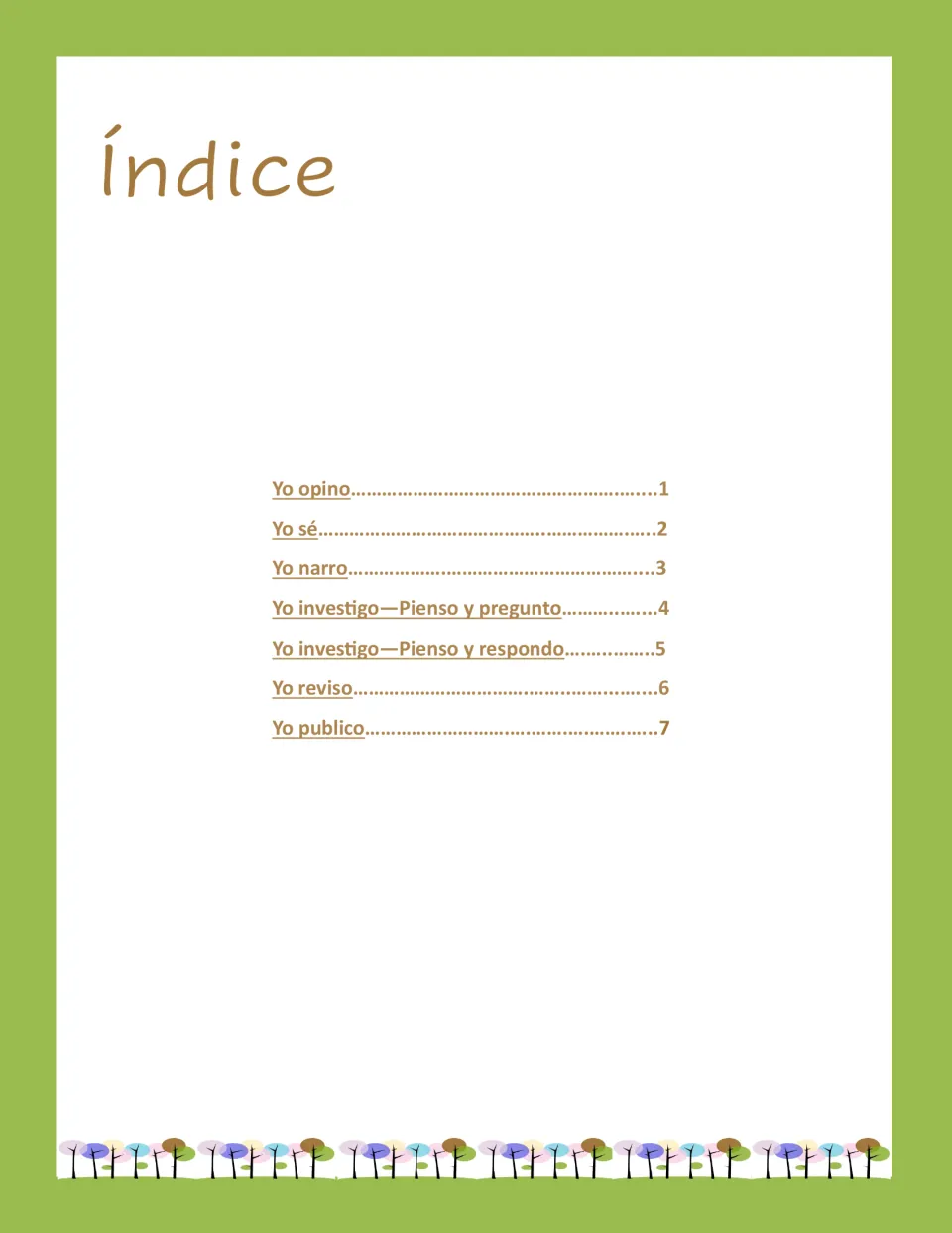 Writing notebook contents listing opinion, information, narrative, research, revision, and publication