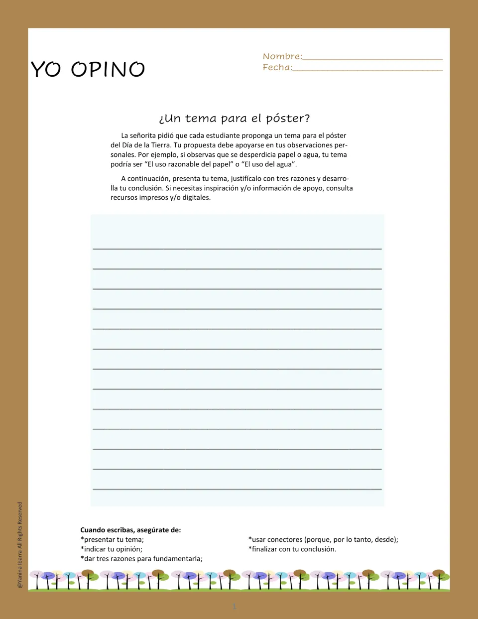 Spanish opinion writing task asking students to propose an Earth Day poster topic and support it with three reasons