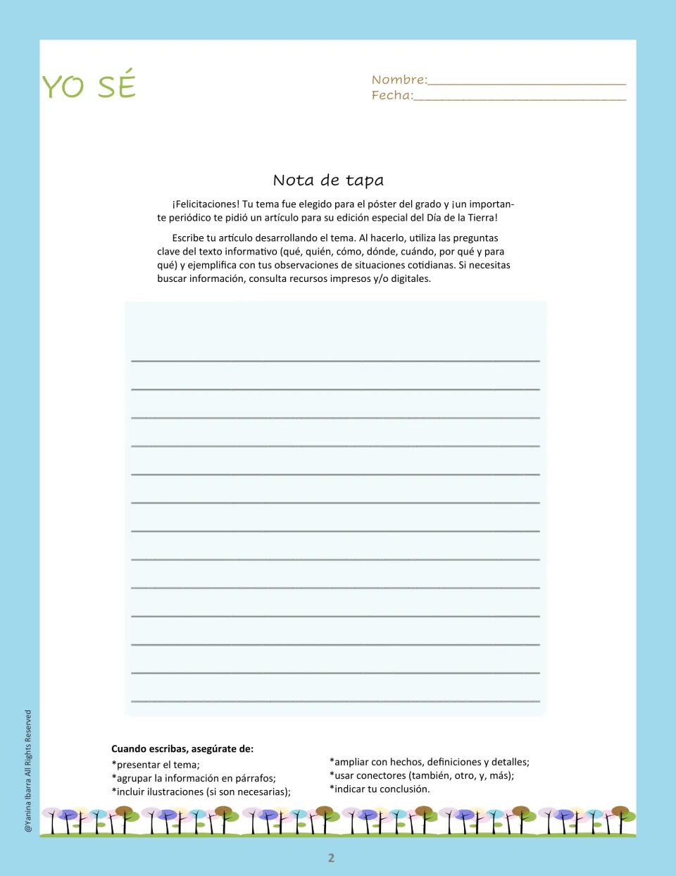 Spanish informative writing task asking students to write a newspaper article about their Earth Day topic