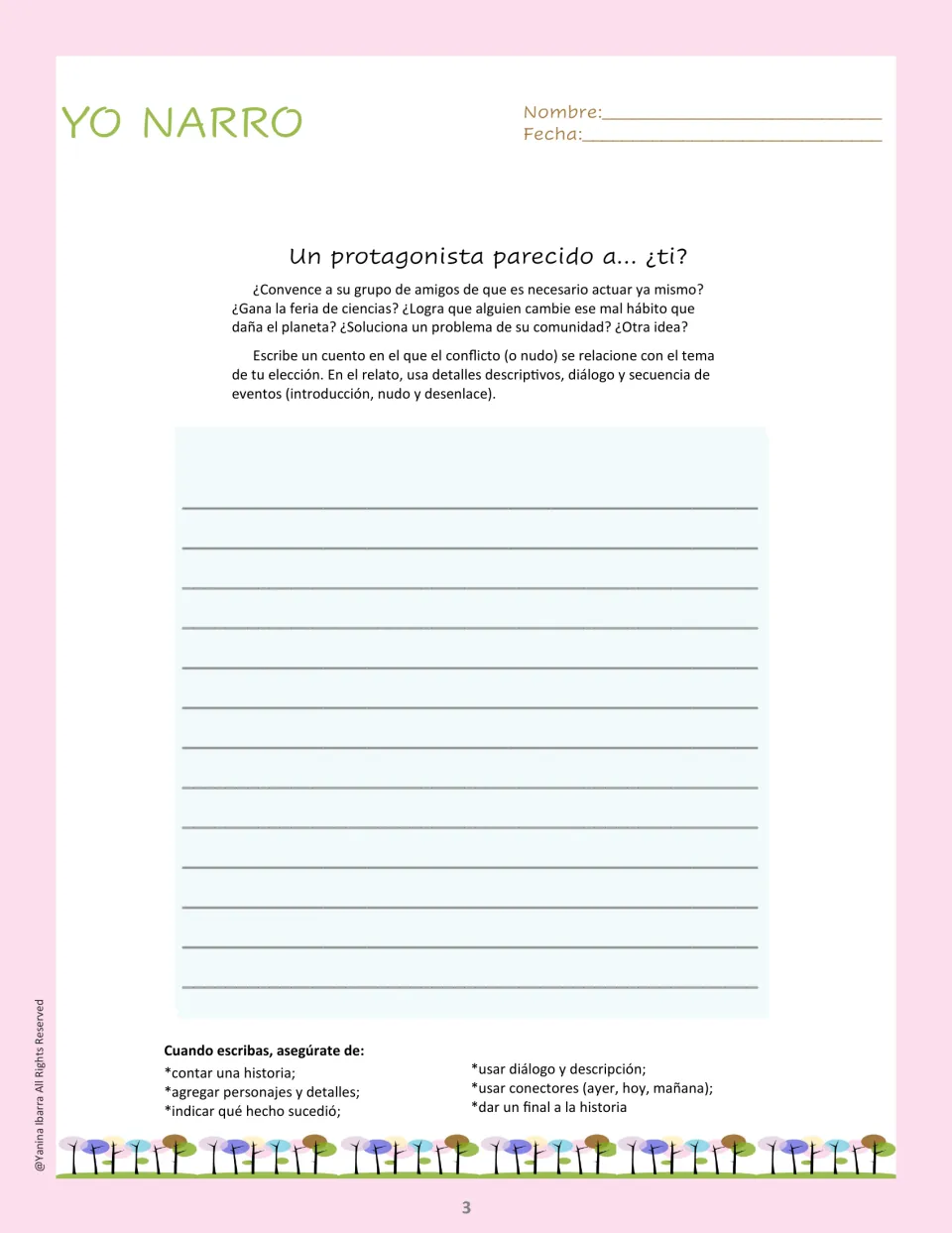 Spanish narrative writing task asking for an environmental story with dialogue, description, and a resolution