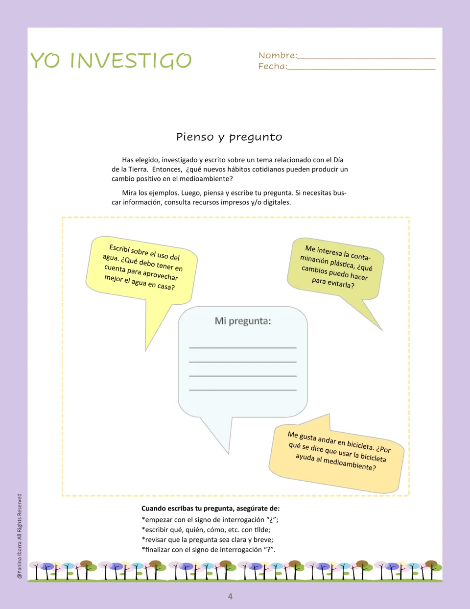 Spanish research question activity using examples about saving water, reducing plastic pollution, and biking
