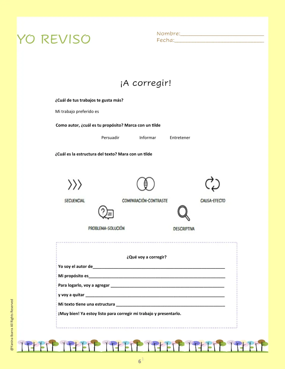 Spanish revision guide asking students to choose a favorite draft, identify its purpose, and plan changes