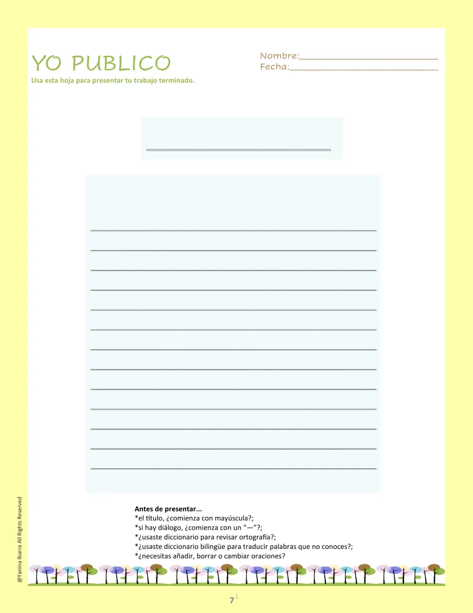 Spanish final writing page with a publishing checklist for title capitalization, dialogue, spelling, and edits