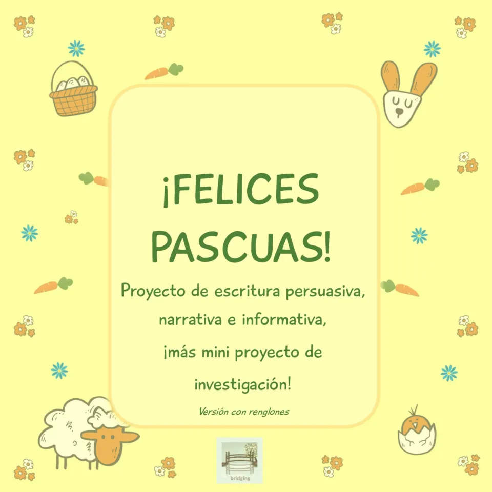 Spanish Easter writing notebook cover introducing persuasive, narrative, informative, and research writing