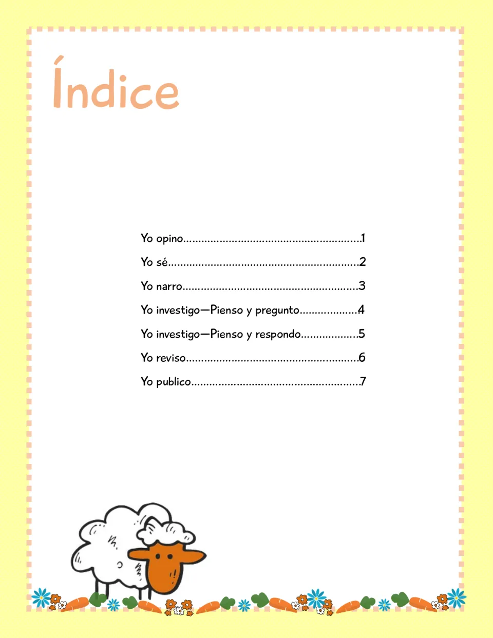 Spanish Easter notebook contents listing writing tasks, two research steps, revision, and publication