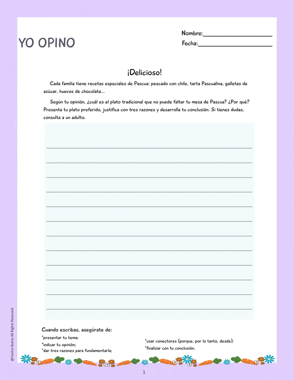 Spanish Easter opinion writing task asking students to choose a traditional dish and give three reasons
