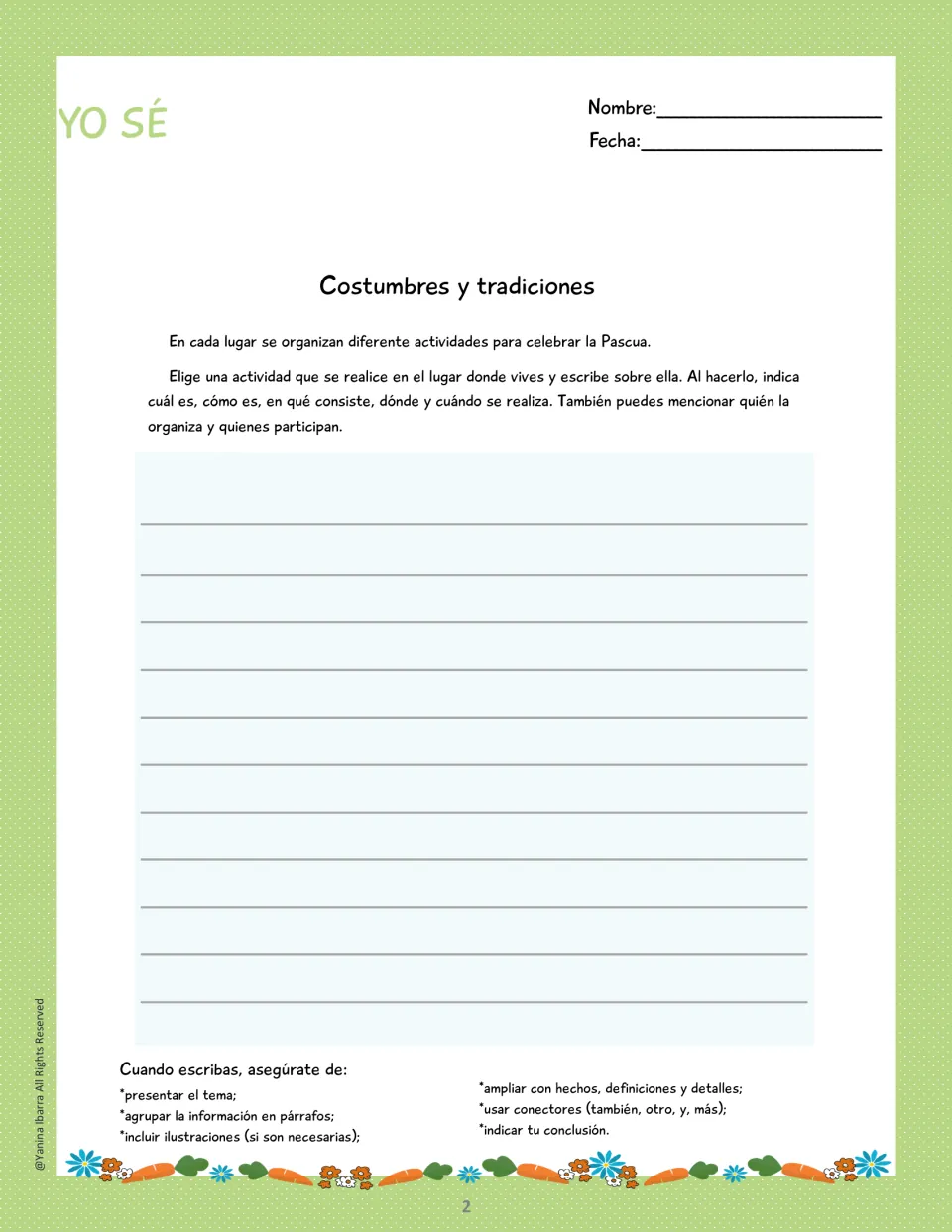 Spanish Easter informative writing task asking students to explain a local celebration and its details