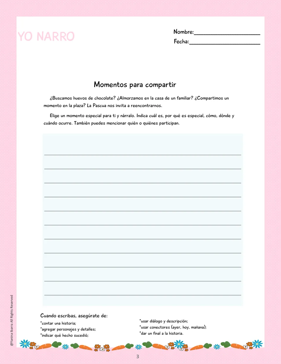 Spanish Easter narrative writing task about a special shared moment, including when and where it happens