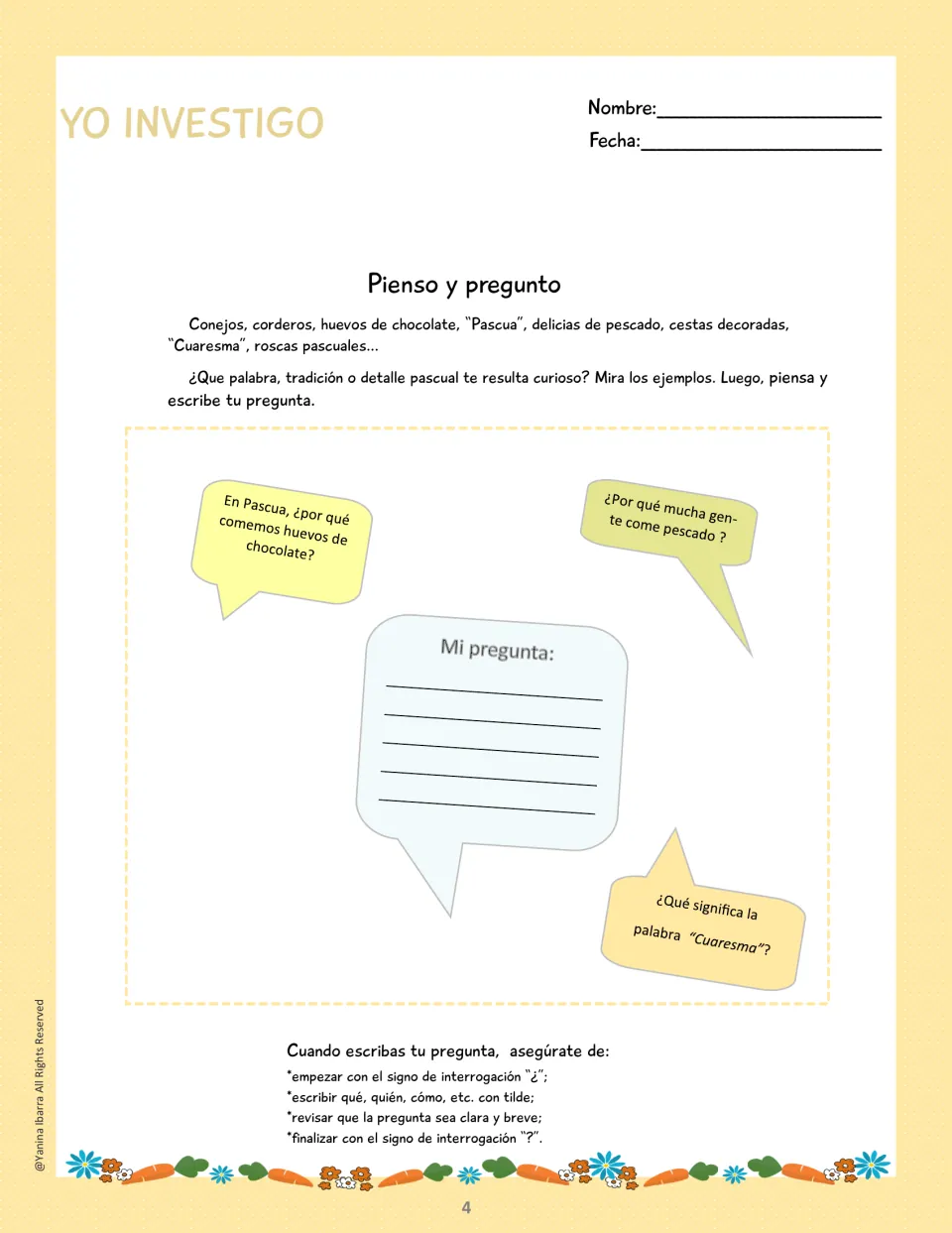Spanish Easter research planning task asking students to write a question about a word or holiday tradition