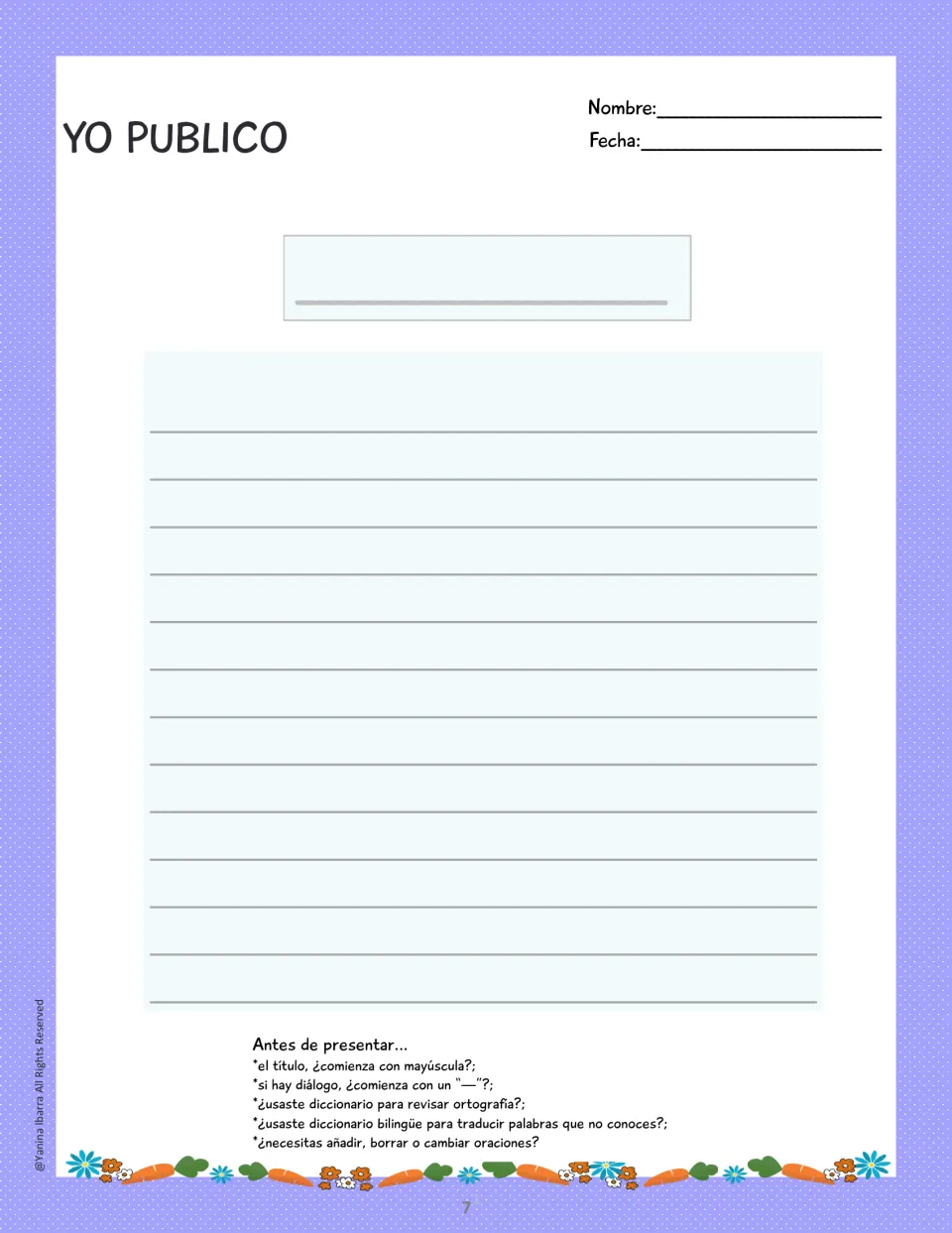 Spanish Easter final-draft page with a checklist for title capitalization, dialogue, spelling, and revisions