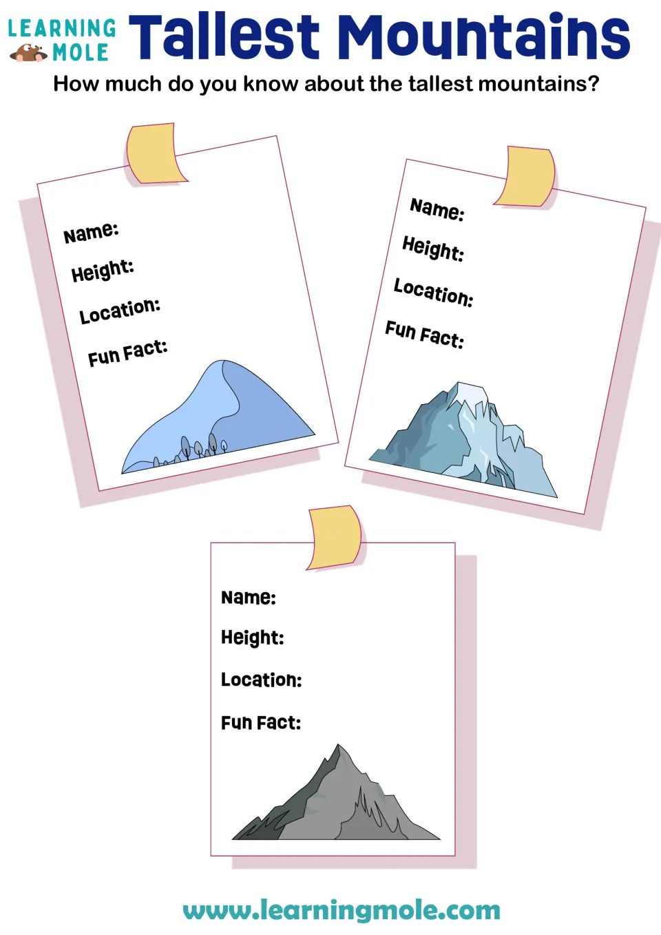 Tallest mountains research: students record the name, height, location and a fun fact for three illustrated mountains