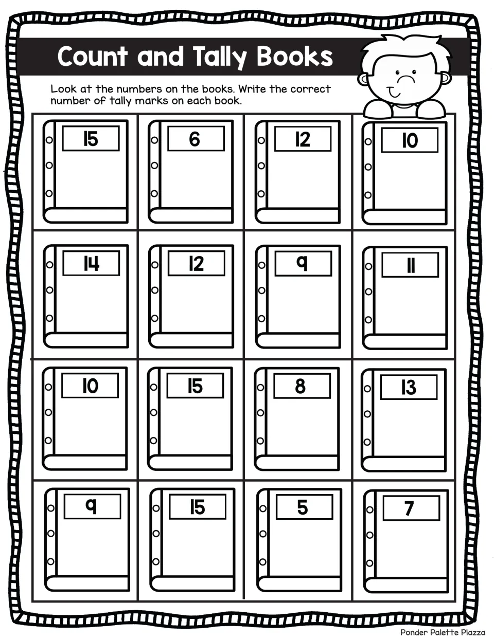 Count and Tally Books: students draw tally marks on 16 books to show numbers 5 to 15, first row 15, 6, 12 and 10