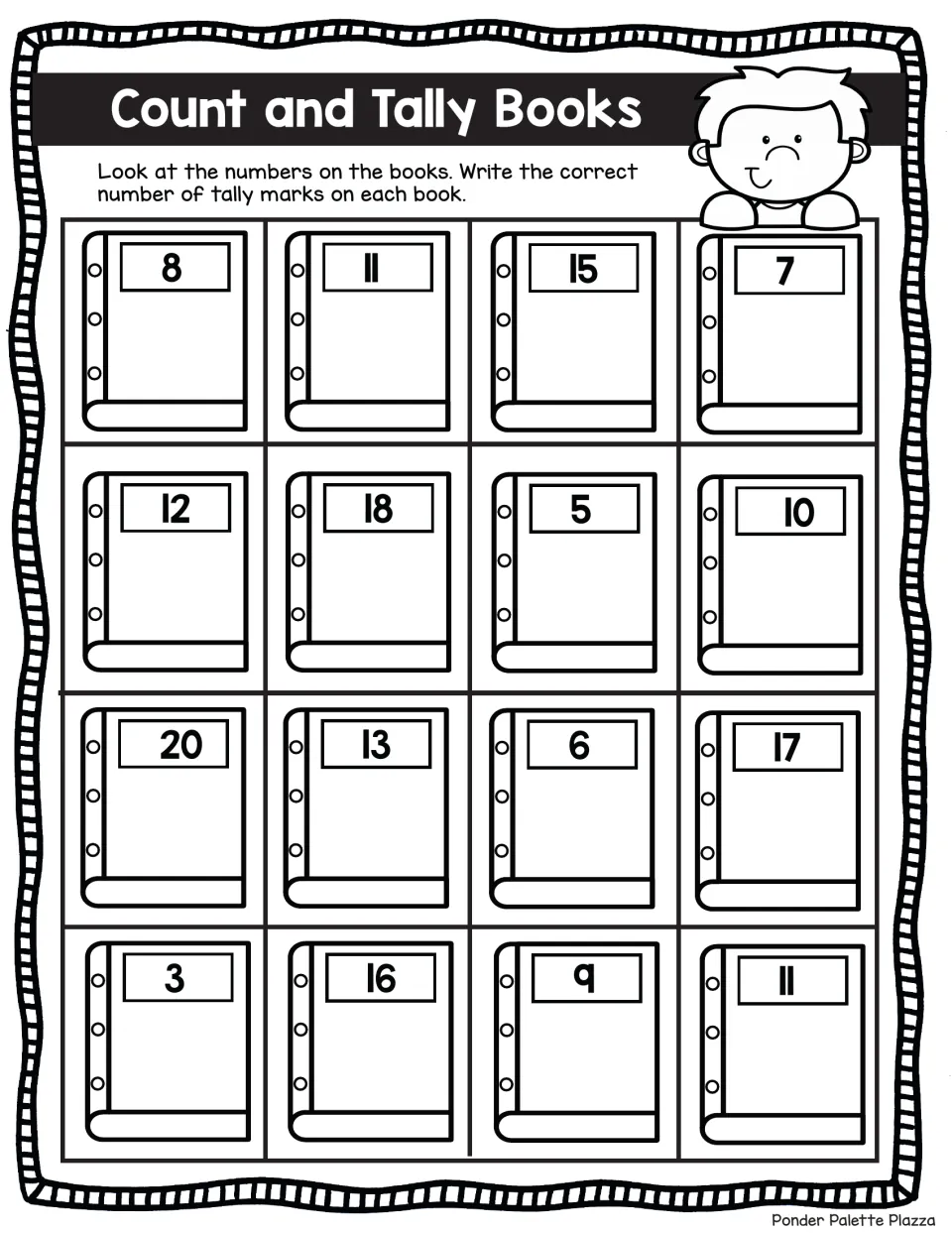 Count and Tally Books: students write tally marks for numbers 3 to 20 on 16 books, beginning with 8, 11, 15 and 7