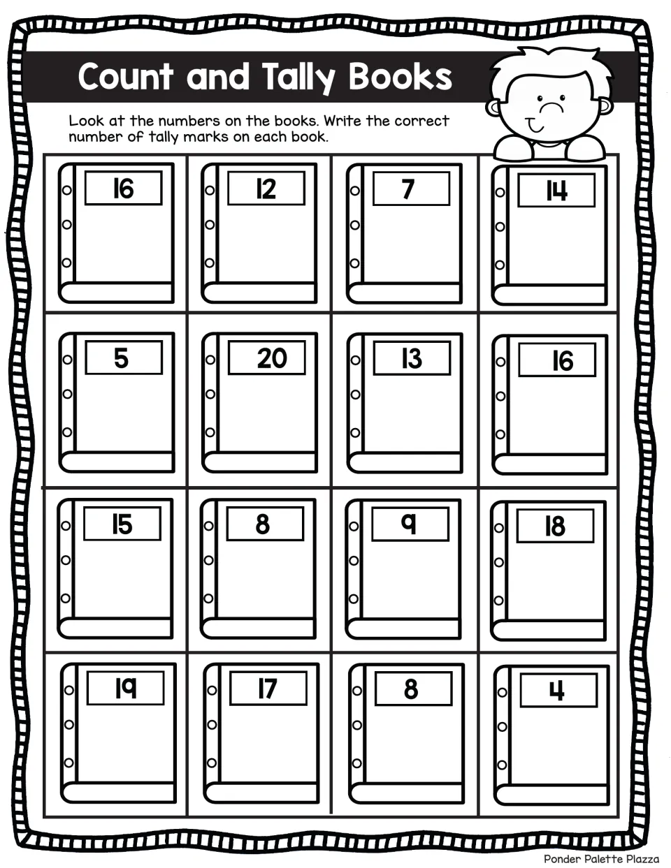 Tally marks practice: students show numbers 4 to 20 as tallies on 16 books, first row reading 16, 12, 7 and 14