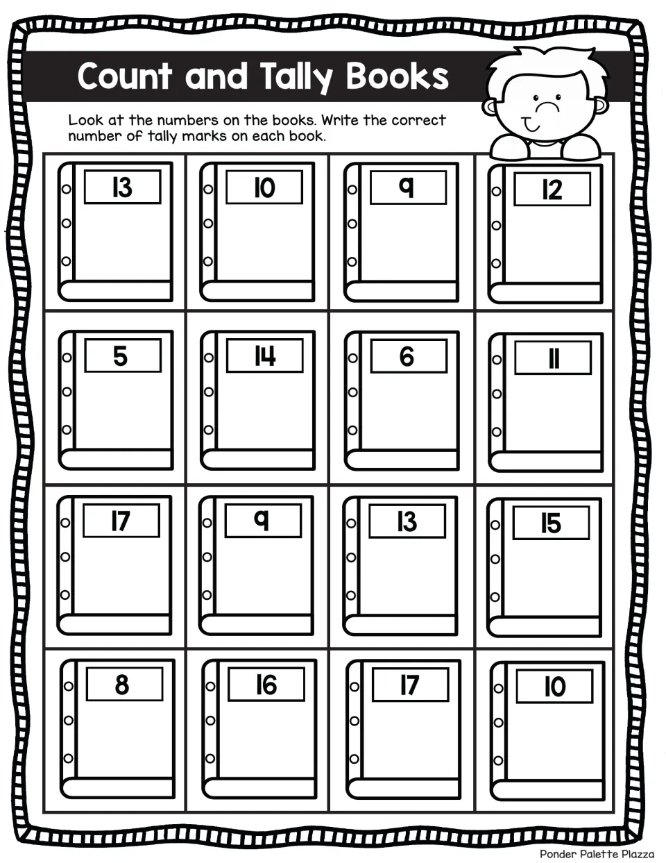 Count and Tally Books: students record numbers 5 to 17 as tally marks on 16 books, starting with 13, 10, 9 and 12