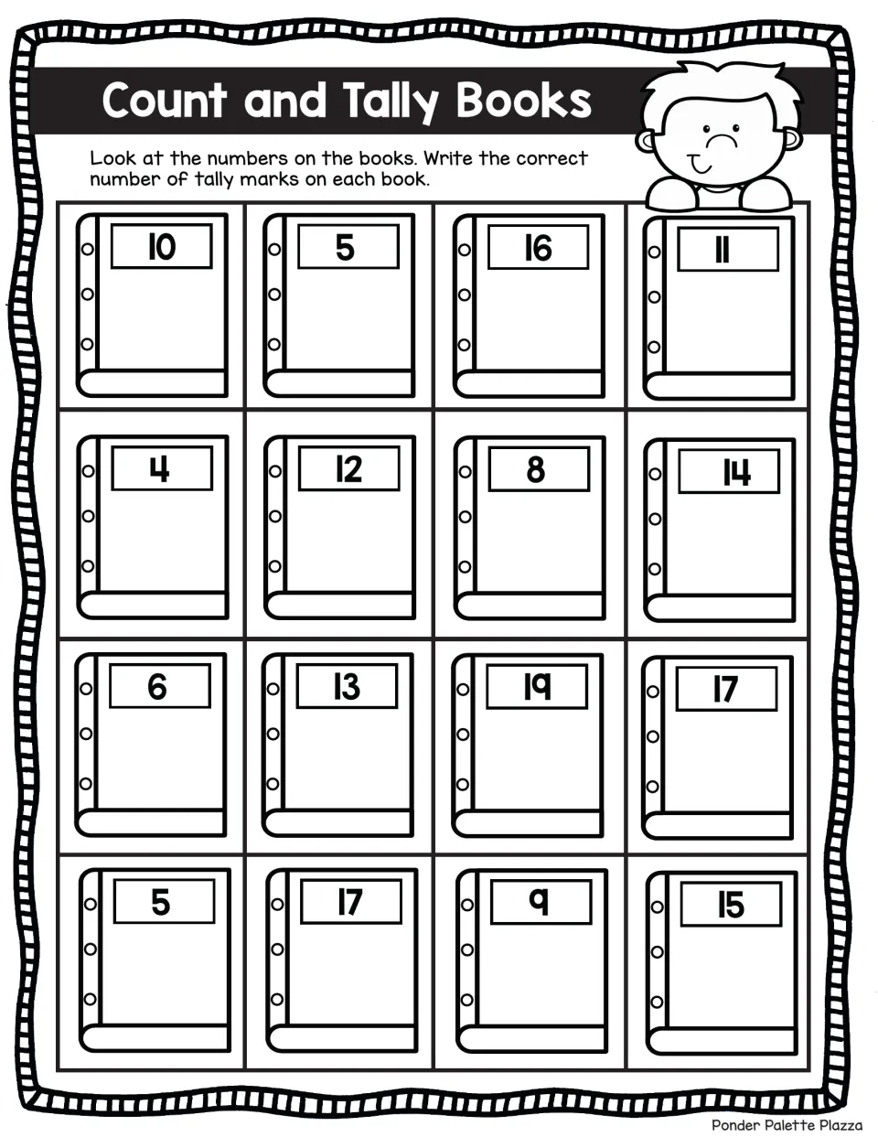 Tally counting practice: students draw tallies for numbers 4 to 19 on 16 books, first row showing 10, 5, 16 and 11