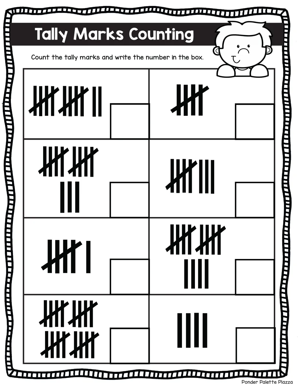 Tally Marks Counting: students count 8 tally groups, from 4 to 20, and write each total in the box beside it