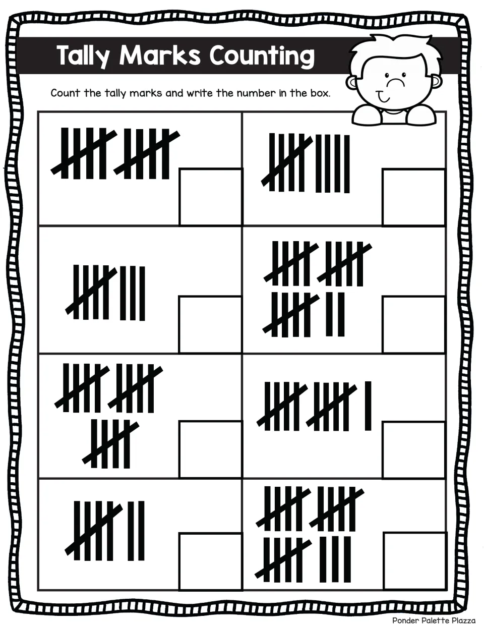 Counting tallies bundled in fives: students write the total for 8 sets, including 7, 10, 15 and 18