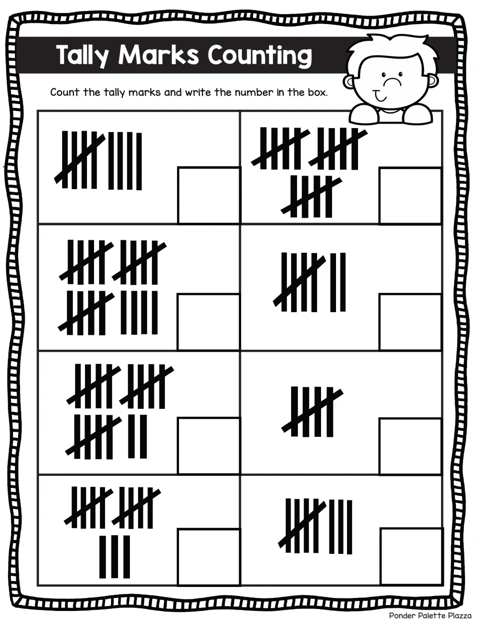Tally reading practice: students count bundles of five plus extra marks and record totals such as 5, 9, 13 and 19