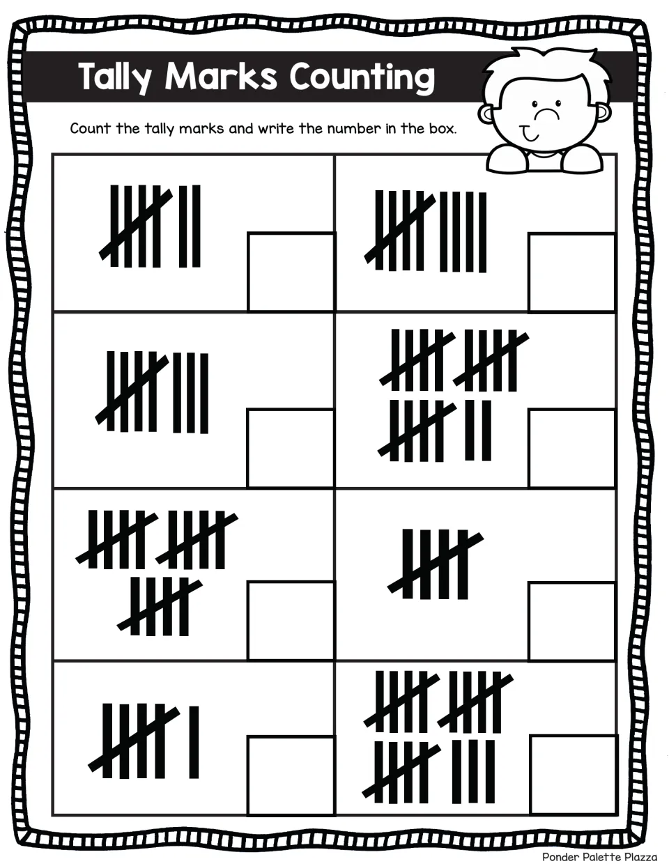 Tally totals to 18: students count groups of five and single strokes, then write the number for each of 8 sets