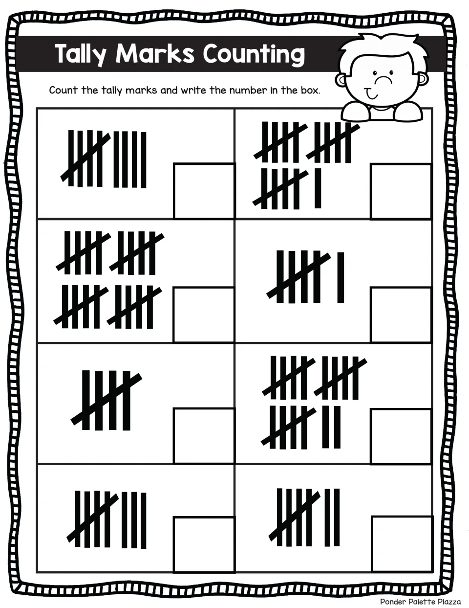 Counting tallies to 20: students count crossed groups of five plus leftover strokes and record 8 totals, such as 16 and 20