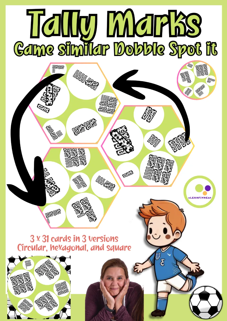 Tally Marks cover, a game similar to Dobble Spot it: 3 x 31 soccer tally cards in circular, hexagonal and square versions
